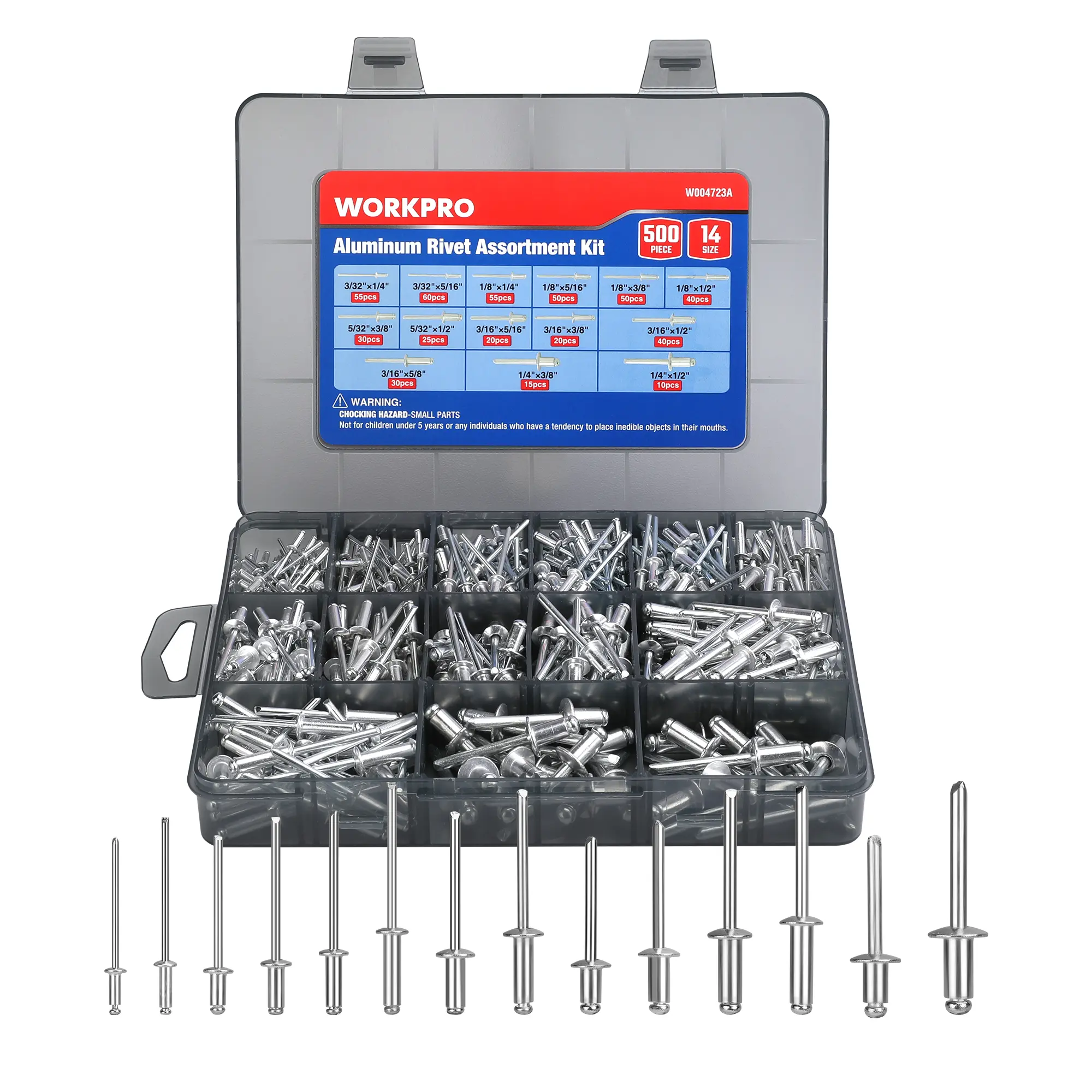 #fathersdaygift WORKPRO 500packs Aluminum Blind Rivets, 14 Sizes Pop Rivets Assortment Kit (3/32" 1/8" 5/32" 3/16" 1/4"), Assorted Blind Rivets for Metal with Reinforced Label Case- Sliver