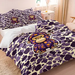 Bape Purple Camo Duvet Cover Set, 1 Duvet Cover & Pillowcase (no Core), Purple Orange Camouflage Q Version Ape, Comfortable Soft Bedding, Street Style Cool Bedroom Decor, Gift for Streetwear Enthusiast