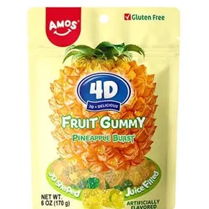 3-Pack AMOS 4D Fruit Gummy Snack, Pineapple Burst Sweet Candy - 6oz (170g) Juice-Filled Gummies