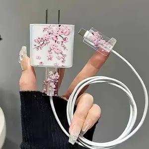 3-Piece Cherry Blossom Charger Protector Set, Compatible with iPhone 17/17 Pro Max/air/16/15/14/13/12/11, Transparent Charger Case