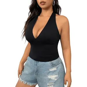 WOMEN'S plus size sexy halter deep V neck tank top backless sleepveless slim fitted out crop tops Womenswear Basic Black Bow Minimalist Skinny Sleeveless tank tops tank air tank top summer tops crop tops weighted vests women corset top