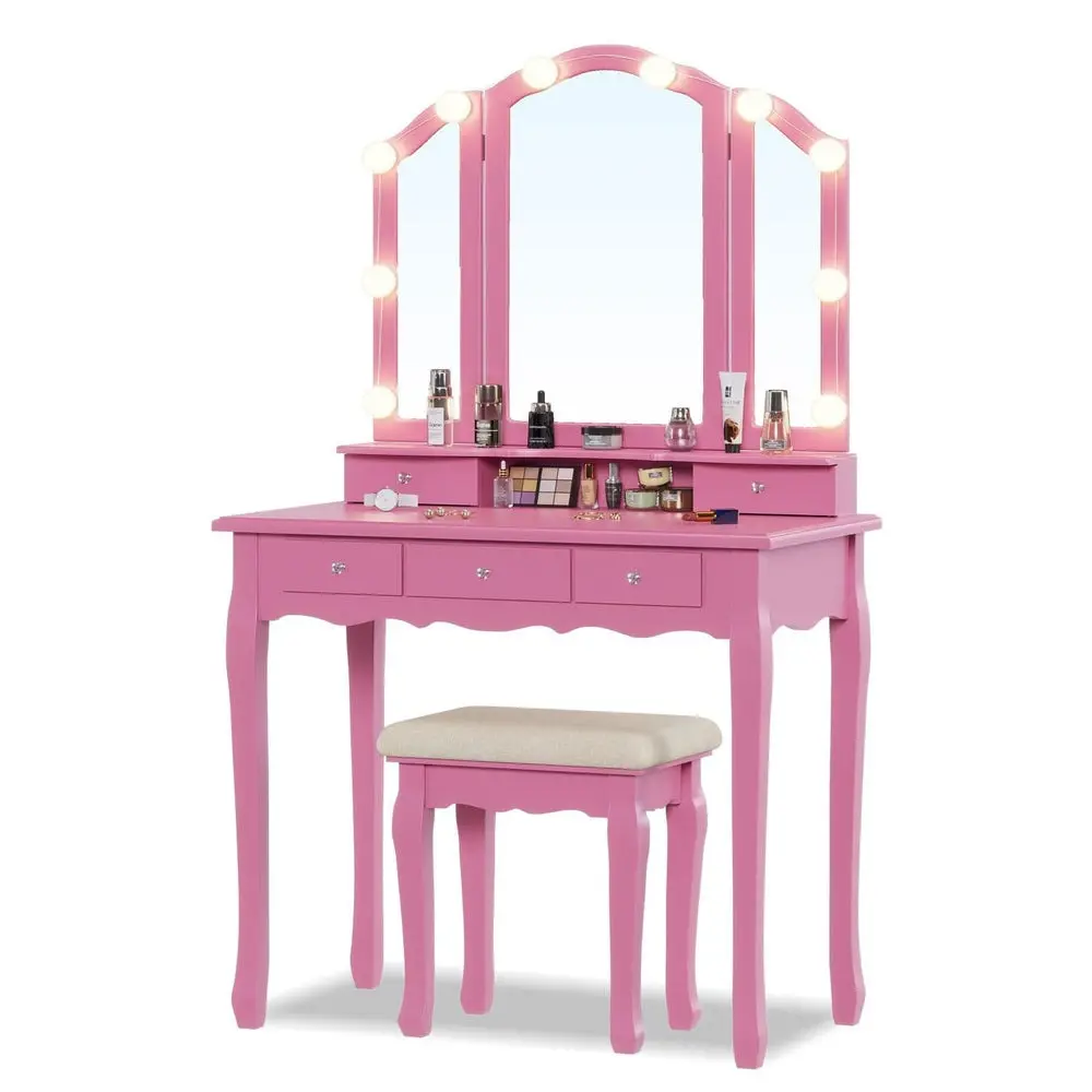 SIKAIC Modern LED Vanity Table - Lighted Vanity Desk with Dimmable Lights, Multiple-Size Drawers, Mirror, Cushioned Stool (Indoor Furniture), Vanity Makeup Table, Makeup Vanity Desk