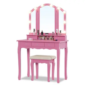 Sikaic Makeup Vanity Set With Lighted Mirror Stool Drawers And Cushioned Stool