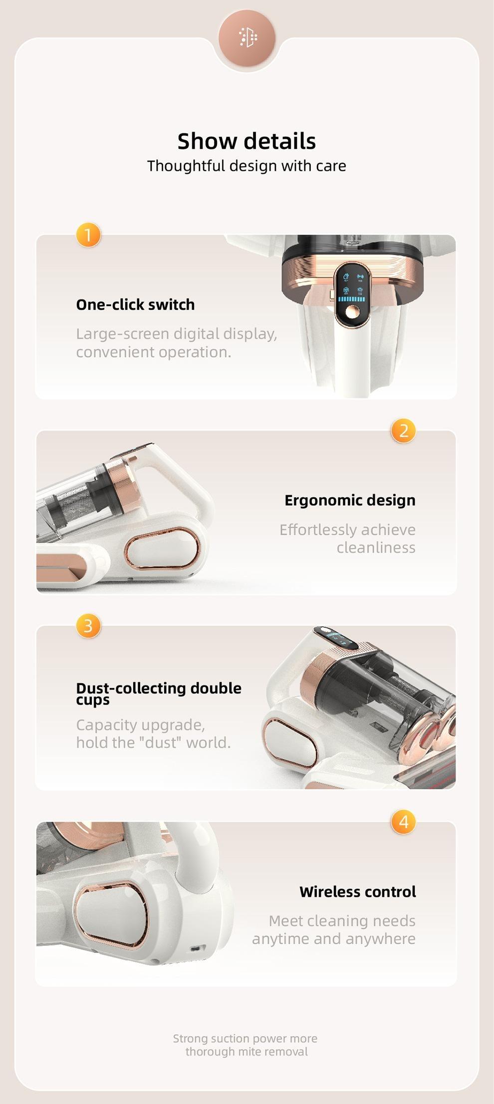 Mattress Vacuum Cleaner with UV-C Lamp & LED Display 13kPa Suction Brushless Motor HEPA Filter for Beds Sofas