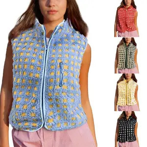 Womens Checkered Sherpa Vest Fleece Jacket Lightweight Zip Up Sleeveless Crochet Plaid Gilet with Pocket
