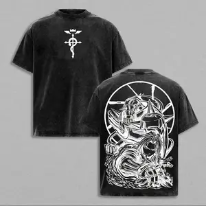 Fullmetal Alchemist Brotherhood Oversized Washed Graphic Tee – Vintage Heavy Cotton T-Shirt, Classic Anime Streetwear Top, Perfect for Manga Lovers & Dark Fantasy Fans