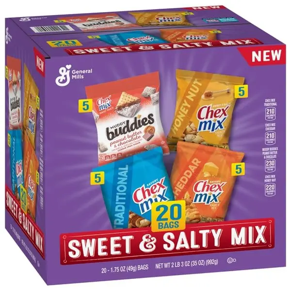 Sweet and Salty Snack Variety Pack, Muddy Buddies Peanut Butter and Chocolate, Chex Mix Traditional, Cheddar, and Honey Nut, 20 Ct, 35 oz