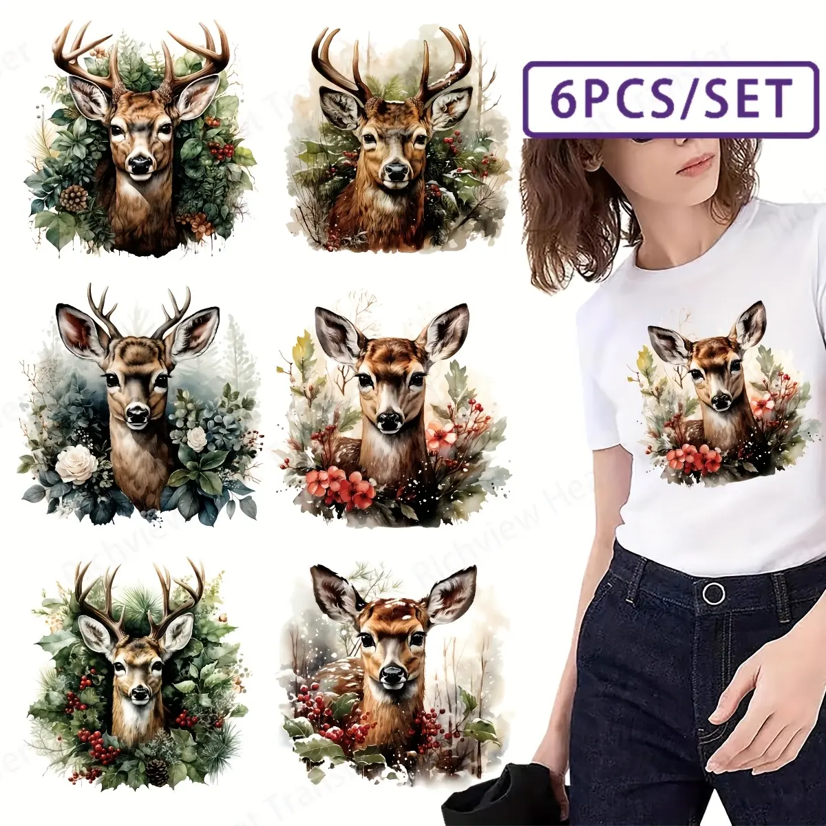 Forest Sika Deer Thermal Transfer Stickers Set, DIY Washable Iron-On Patches for T-Shirts & Festive Clothing, Winter Wonderland Design