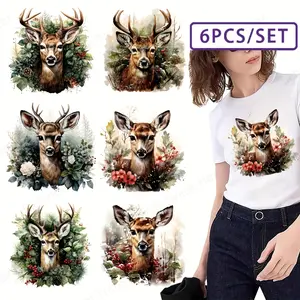 Forest Sika Deer Thermal Transfer Stickers Set, DIY Washable Iron-On Patches for T-Shirts & Festive Clothing, Winter Wonderland Design