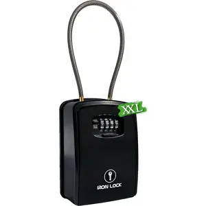 Iron Lock® XXL Portable Key Lock Box and Wall Mounted with Removable Cable Shackle Waterproof Indoor Outdoor 4 Digit Combo Resettable Code with a B Switch Extra Large Key Lockbox outside (XXL, Black) Revivo Project Inc