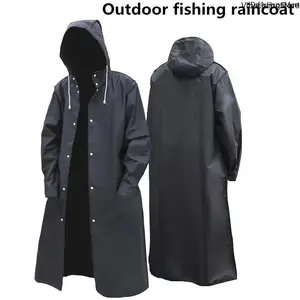 Black Waterproof Long Raincoat Women Men Rain Hooded Outdoor Hiking Travel Fishing Coat