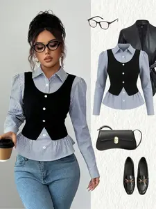 SHEIN Elenzya Women's Blue Ribbed Patchwork Fuzzy Ribbed Fabric Collared V-Neck Waist Cinched Design Elegant Teacher's Top, Sophisticated Style For Independence Day, Autumn