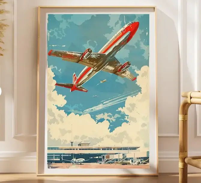 Retro Airplane Poster, Vintage Jet Travel Art, Mid Century Aviation Wall Decor [ NO FRAME ]