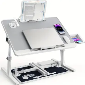 Adjustable Height Laptop Bed Desk with Drawer, Bookshelf, USB Fan & Light | Foldable Wooden Table for Home Office, Bedroom, Dorm Room