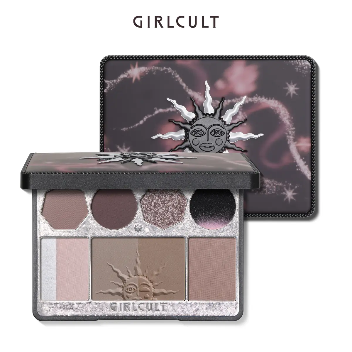 GIRLCULT Purple and Brown Palette Set, featuring purple shimmer powder, matte black-brown eyeshadow, brown contour powder, and pink silver fine-shimmer highlighter powder.