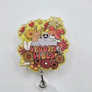 Cute Ghost Spooky Vibes Boho Glitter Acrylic Retractable Badge ID Reel Belt or Alligator Clip Halloween Themed