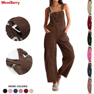 WoodBerry Corduroy Overalls for Women Barrel Wide Leg Bib Corduroy Pants Women Adjustable Romper Jumpsuit with Side Buttons and Pockets for Loose Fit Outfits Womenswear Dungarees summerwins