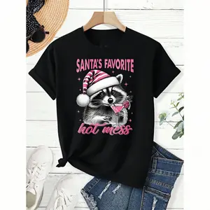 Funny Raccoon Christmas Shirt - Santa's Favorite Hot Mess Graphic Tee - Cute Pink Holiday T-Shirt for Women - Festive Party Top