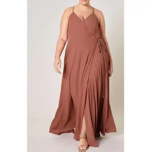 Plus Size Open Back Maxi Dress in Rustic Brown Polyester Women's Casual Elegant Spaghetti Strap Summer Wear Statement Basic Minimalist Sleeveless Womenswear dresses