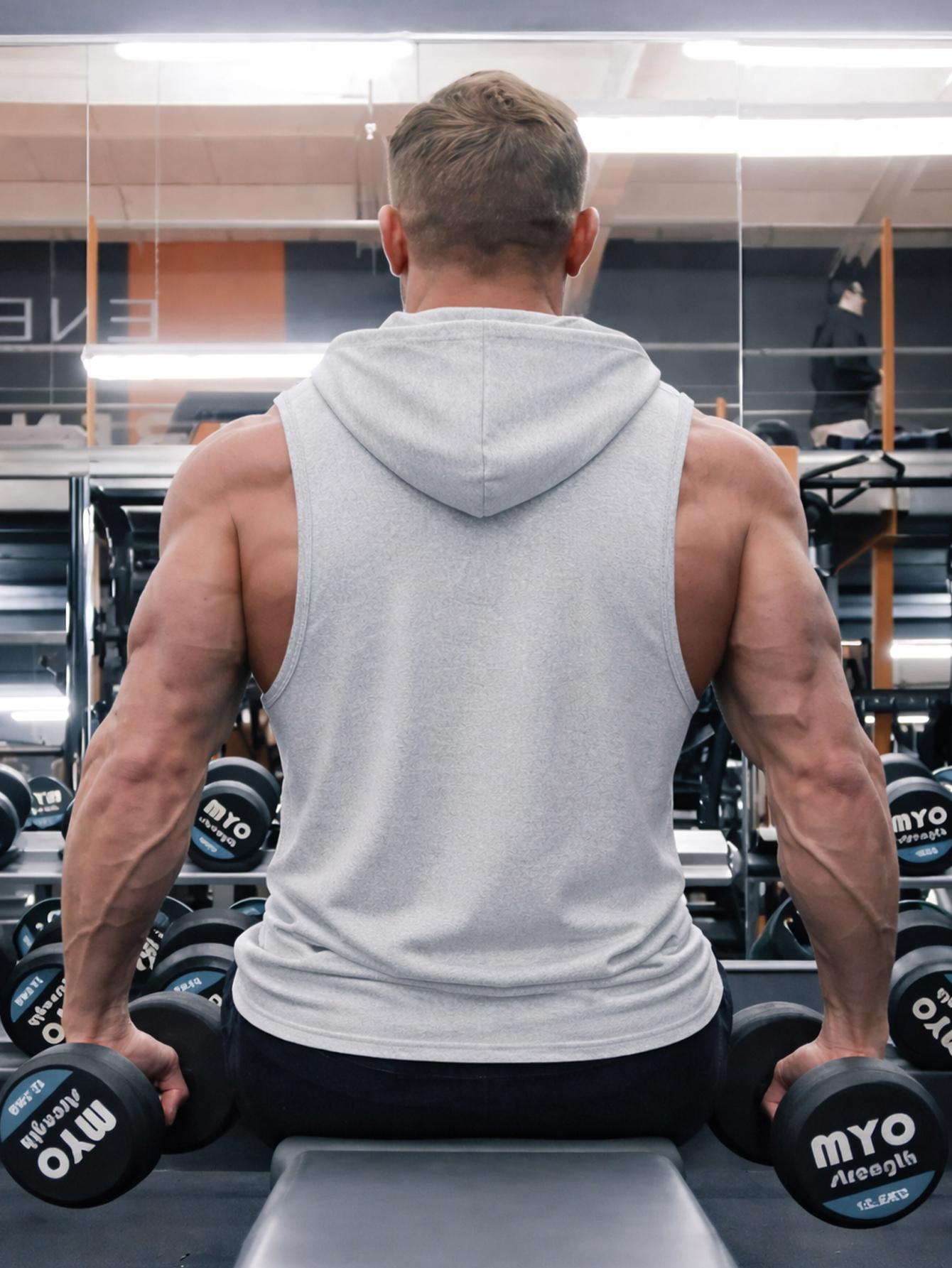Two-piece set, multi-pack; men’s casual letter-print drawstring hooded tank top; summer sleeveless hooded sweatshirt; hooded workout hoodie; men’s compression shirt for fitness and outdoor activities