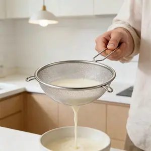 Stainless Steel Fine Mesh Filter, Kitchen Strainer with Long Handle and Stand, Ideal for Flour, Rice, Tea, Juice, Oil, Food Filtering, Dishwasher Safe
