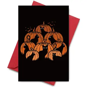 Midnight Cat & Pumpkin Party Card - Silhouette Black Cats with Glowing Eyes Among Stacked Jack-o'-Lanterns, Fluttering Bats on Pitch Black Background, Perfect for Halloween, Perfect Gift for Feline-Loving Spooky Fans