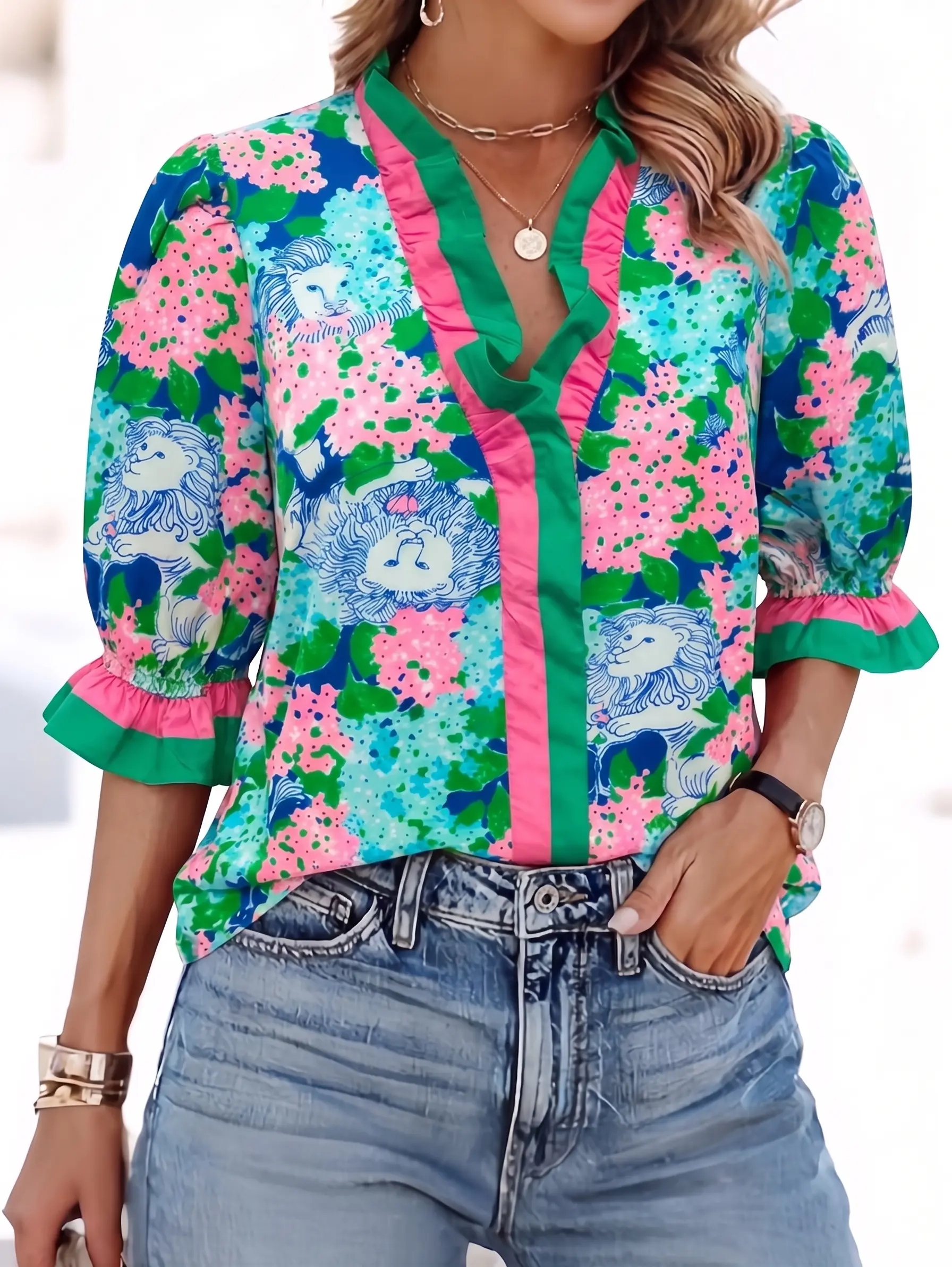 Women's Chic Chunky Petal-Print Blue Lion Floral Blouse - Oversized, Ruffle Split Neck, Short Bubble Sleeves - Girl, Lady Party Top