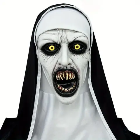 Funky Nun Latex Mask for Halloween - Creepy Horror Costume Accessory with Yellow Eyes & Distorted Teeth for Halloween & Cosplay
