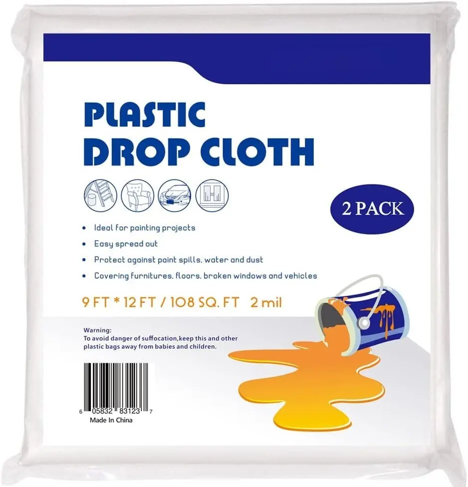 2-Pack 2 Mil Plastic Drop Cloth 9ft x 12ft, Heavy Duty Painters Drop Sheet,  Plastic Painting Tarp for Painting Renovations - Floor Covering & Dust Cover