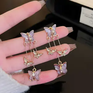 Lightweight Butterfly Tassel Earrings - Lavender and Gold Tone, Delicate Daily and Party Jewelry, Elegant and Refined Ear Decor Suitable for Casual or Formal Occasions, Teenager Style