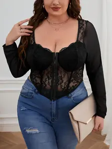Plus Size Gothic Floral Lace Top Blouse,Sexy Sheer Mesh Bustier,Long Sleeve Fitted Y2K Top,2025 Gothic Party Wear(All Season/Valentine Gift)
