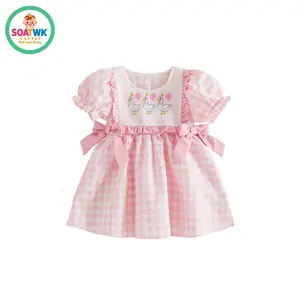 Kids Girls Plaid Dress Goose Embroidery Short Sleeve Birthday Dress for Toddler Cute Clothes