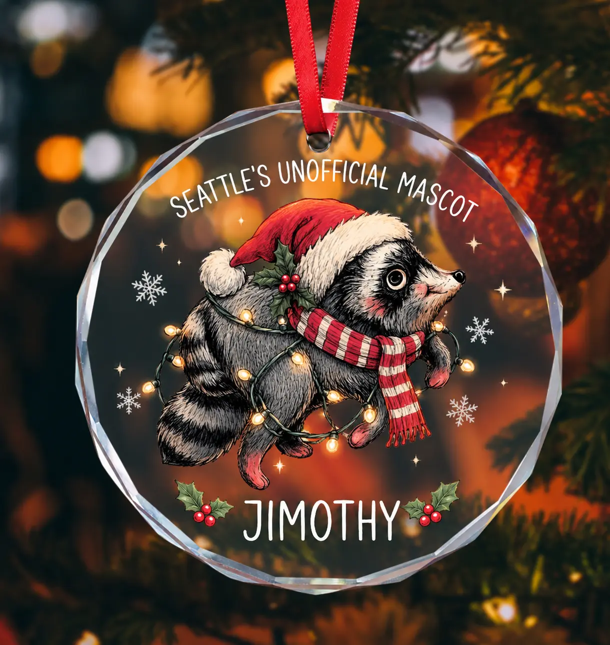 Personalized Jimothy Glass Christmas Ornament, Custom Name Funny Raccoon Tree Ornament, Holiday Keepsake Gift