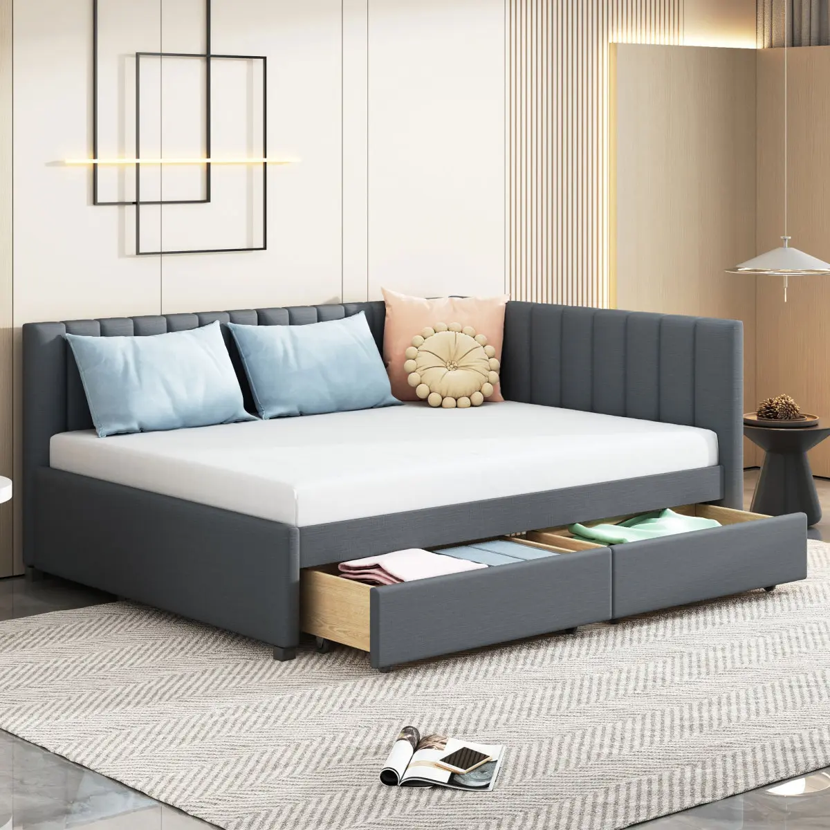  [Bellemave] Full Size Upholstered Daybed| Sofa Bed Frame with 2 Storage Drawers| Sturdy Wood Support| No Box Spring Needed| Easy Assembly