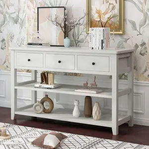 FCH Console Table Entryway Desk, Sofa Side Table with 3 Drawers 2 Bottom Storage Shelves, Vintage TV Stand for Hallway Living Room Office, Antique White 29.9" H