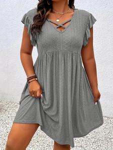 【plus size】 solid color hollow out dress, casual dress for summer, women's plus clothing for daily wear, plus size tummy flattering dresses, womenswear