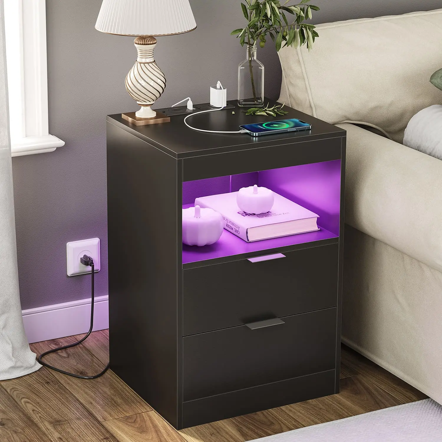 SIKAIC Wireless Charging LED Nightstand, Black Nightstand with Storage Drawer and USB Ports for Bedroom