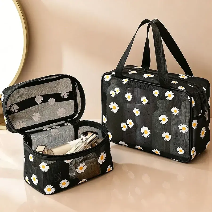 Daisy Mesh Makeup Bag Large Capacity Portable Handheld Travel Cosmetic Organizer