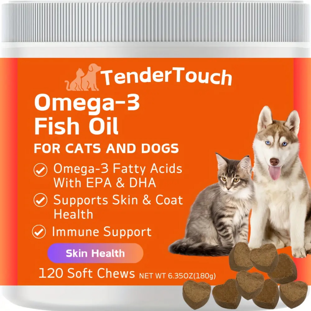 120 Chews - 1 Pack(1 x 180g/6.35oz) 180g/6.35oz - TenderTouch Omega 3 Fish Oil Supplement for Dogs & Cats, Omega 3 Fish Oil for Skin and Coat Health, Immunity, Joint, Brain & Heart, EPA + DHA