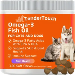 120 Chews - 1 Pack(1 x 180g/6.35oz) 180g/6.35oz - TenderTouch Omega 3 Fish Oil Supplement for Dogs & Cats, Omega 3 Fish Oil for Skin and Coat Health, Immunity, Joint, Brain & Heart, EPA + DHA