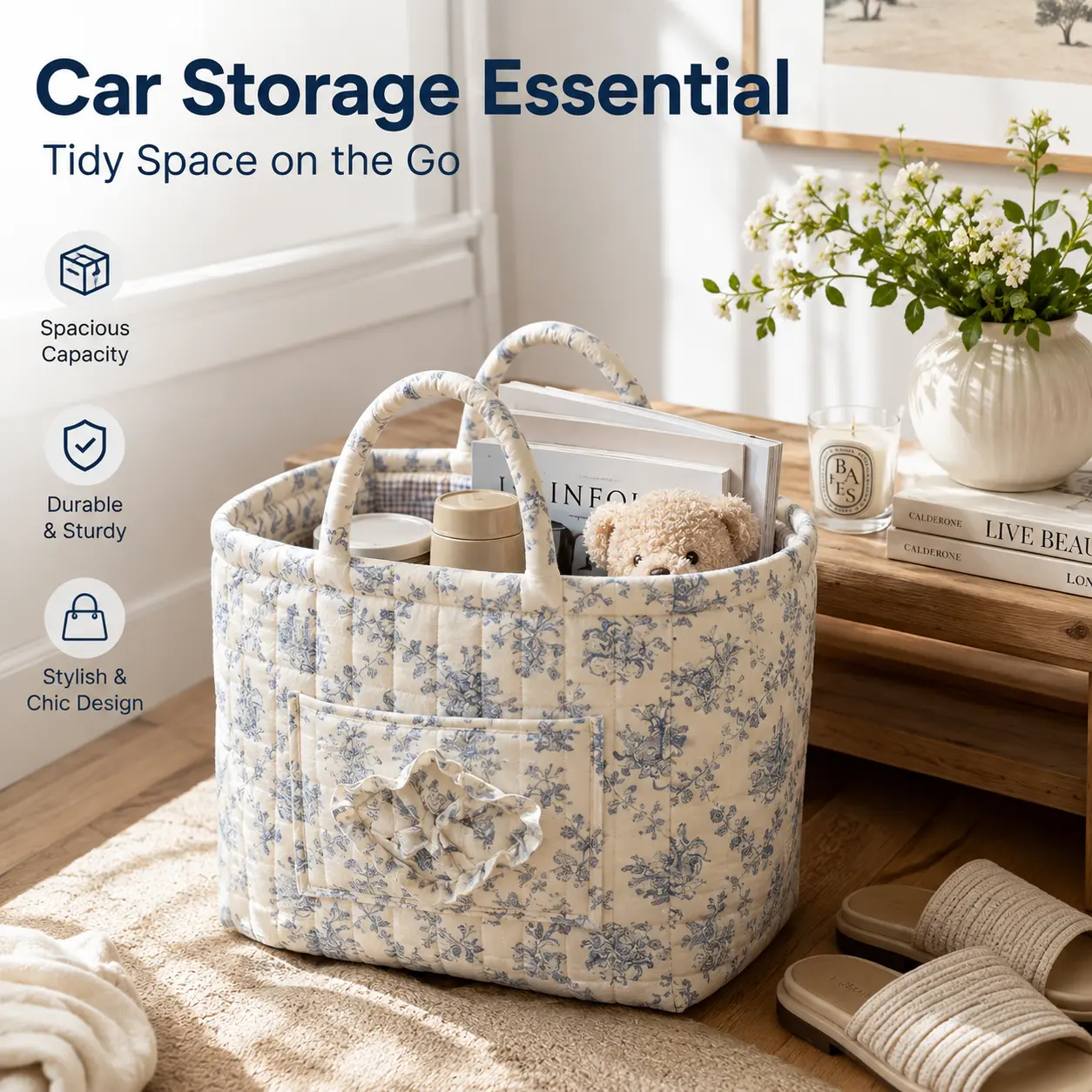 car Storage Basket, floral Fabric quilted basket for Clothes Toys & Blankets Car Trunk Organizer Backseat Storage Machine Washable Large Capacity Woven Design room clutter organization daily use item summervibes large capacity clothes