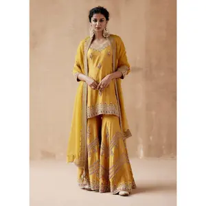 Mustard gold floral sharara set