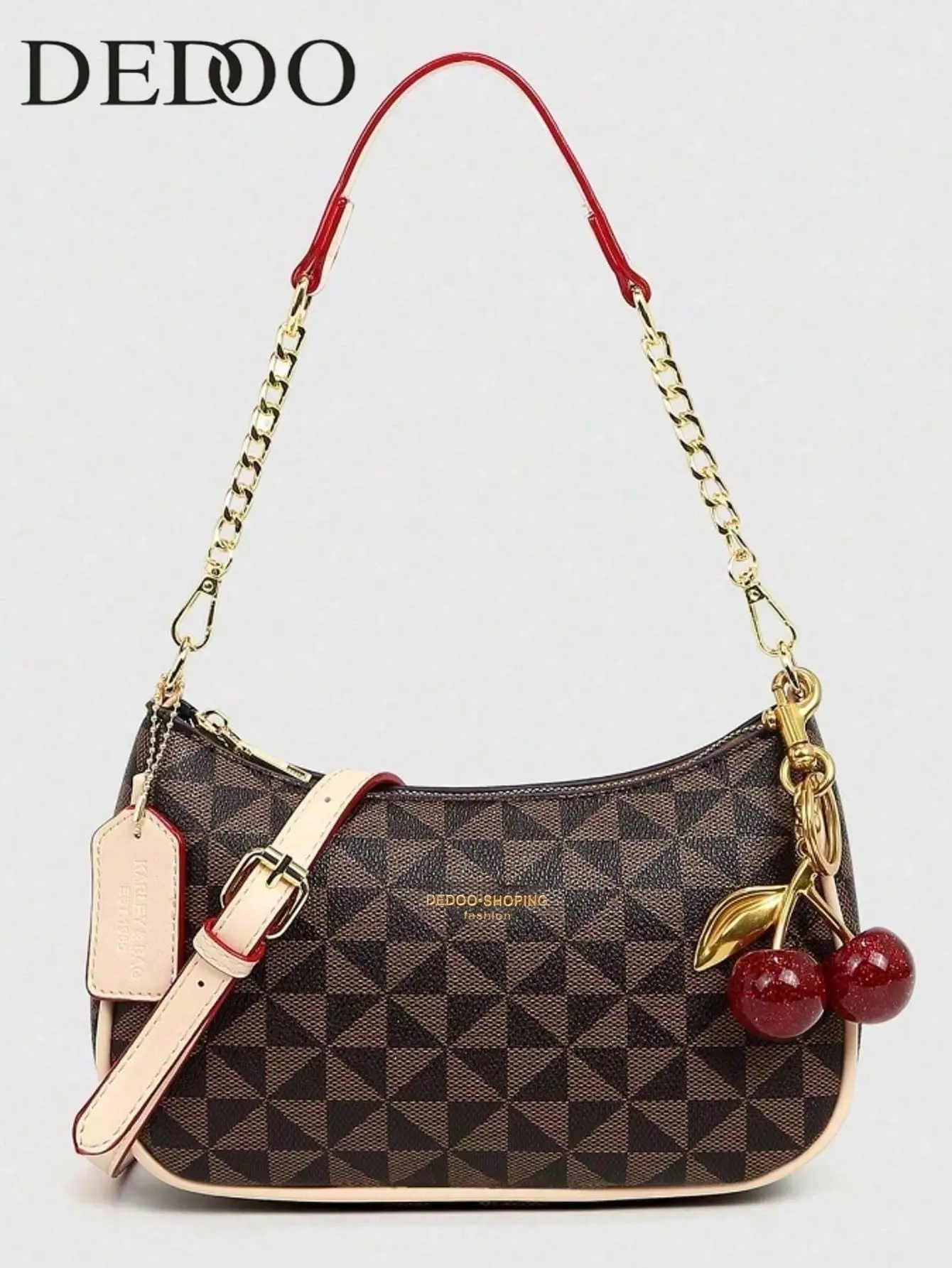 New Fashion Classic Versatile Letter Graphic Design PU Leather Crescent Shoulder Underarm Bag with Cherry pendant, Crossbody Purse Clutch, Suitable for Shopping, Business, Daily Use