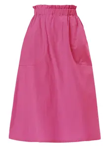 INSPIRE CHIC Women's Casual Cotton Skirt Elastic Waist Scrub Peasant A-Line Midi Skirts with Pockets Hot Pink