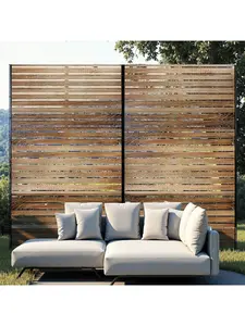 Natural Brown/Horizontal Slat- Metal Privacy Screen 72" H X 47" W, Outdoor Privacy Screens And Panels, Freestanding Decorative Fence For Patio Lawn Garden Deck Balcony, 3-Panel Outdoor Divider With Stand