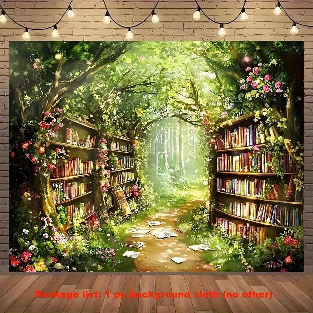 Printed 1-Piece Magical Forest Library Polyester Backdrop - Reusable Party Banner with Distinctive Passage, Bookshelf Layout - Ideal for Photo Booth, Happy Birthday Decor, Large Area Use