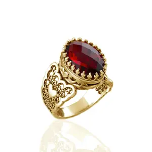 Double Heart Detailed Ruby Gemstone Filigree Art Gold Plated Sterling Silver Women Statement Ring
