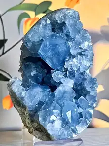 Rare Celestite Crystal Cluster, Druzy Cluster Sky Blue Celestite Crystal Cluster, DIY Crystal Specimen, Suitable for Aquarium Decoration, Collection and Gift Giving, Natural Crystal Geode