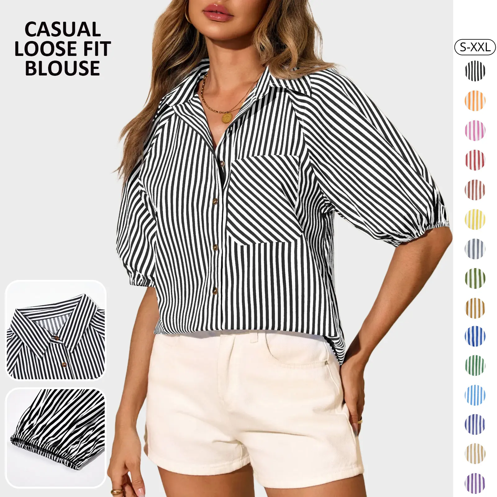 TANKANEO Women's Casual Striped Button Down Blouse, V Neck Collared Top with Short Puff Sleeves for Work Office, Shortsleeve, Casual Style Top