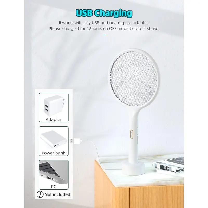 Electric Fly Swatter, 2-In-1 Intelligent Insect Killer, Electronic Mosquito Zapper, Power Output Generator with USB Charging Base, Mosquito Lamp for Home & Bedroom